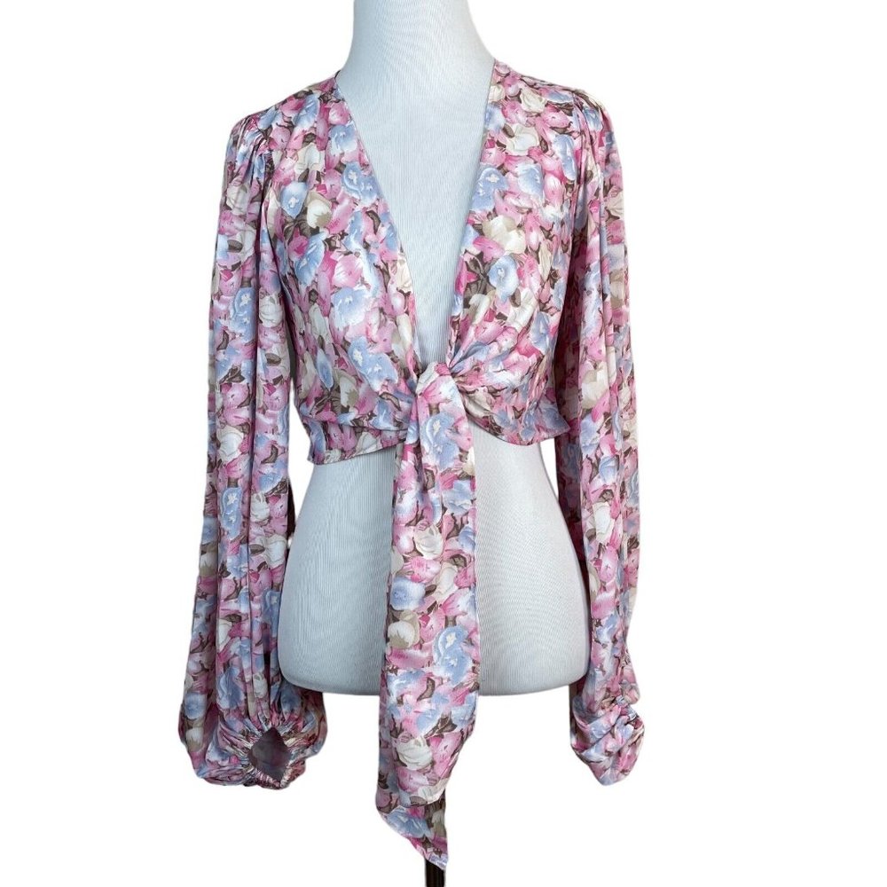 Petal + Pup Kelsey Top Womens 2 Pink‎ Floral Cropped Long Sleeve Tie Topper New